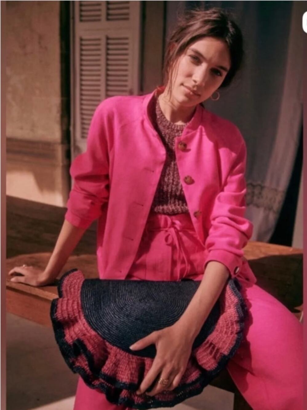 SEZANE Mike Button Front Jacket Linen Blend Hot Pink Sz 34/US XS $278 {3J12}